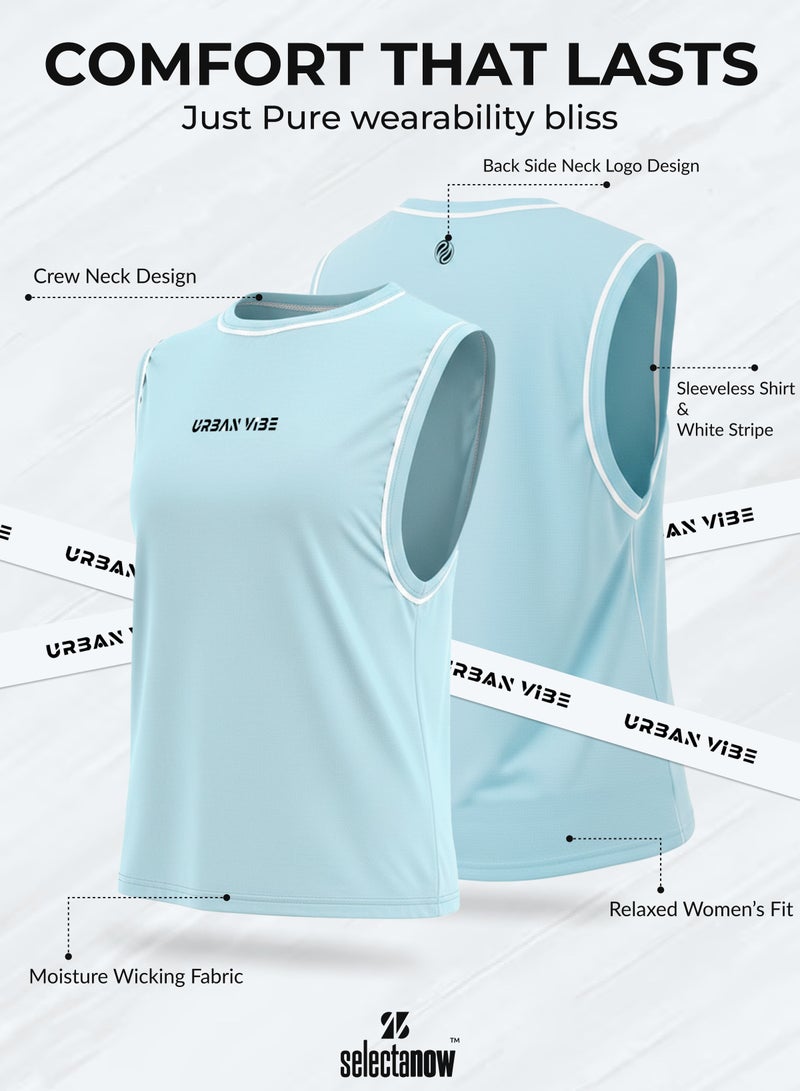 Selecta Now Ladies Sleeveless Cotton T-Shirt Sky Blue Breathable Contrast Piping Tank Top Soft Stretchable Women’s T Shirt - Image 3